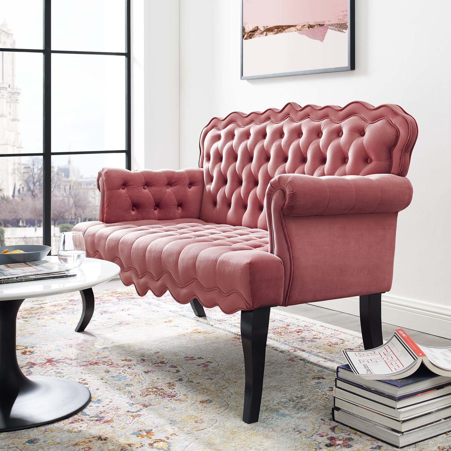 Viola Chesterfield Button Tufted Loveseat Performance Velvet Settee, Velvet Fabric, Pink, 17315
