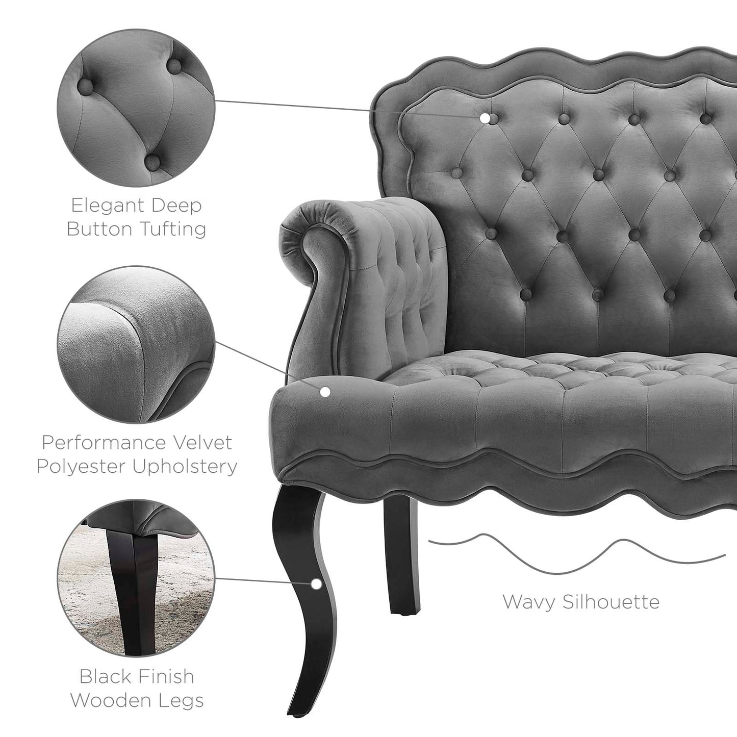 Viola Chesterfield Button Tufted Loveseat Performance Velvet Settee, Velvet Fabric, Grey Gray, 17316