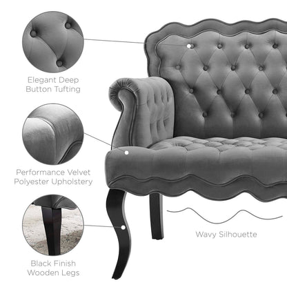 Viola Chesterfield Button Tufted Loveseat Performance Velvet Settee, Velvet Fabric, Grey Gray, 17316