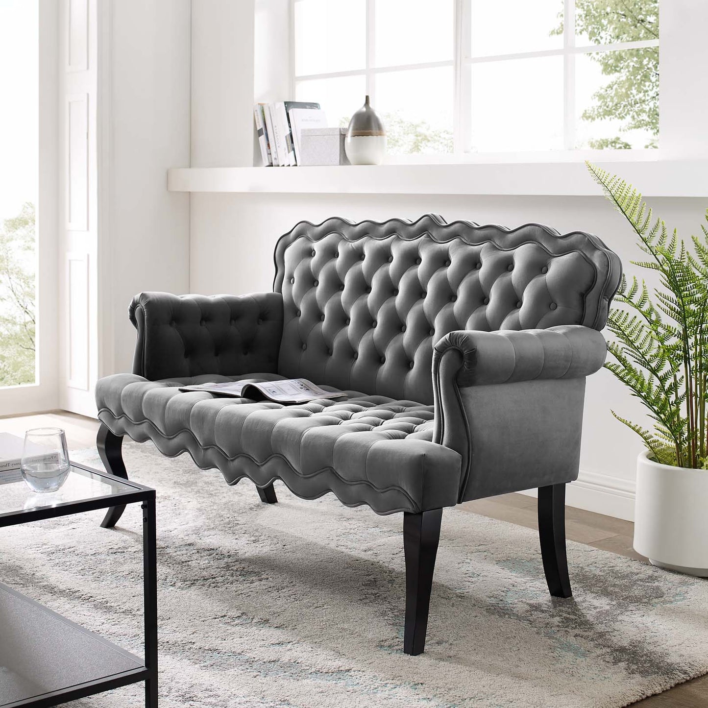 Viola Chesterfield Button Tufted Loveseat Performance Velvet Settee, Velvet Fabric, Grey Gray, 17316