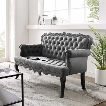 Viola Chesterfield Button Tufted Loveseat Performance Velvet Settee, Velvet Fabric, Grey Gray, 17316
