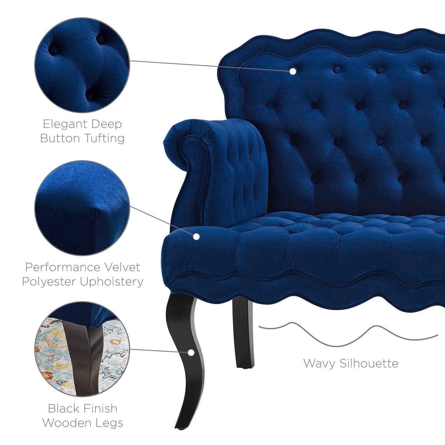 Viola Chesterfield Button Tufted Loveseat Performance Velvet Settee, Velvet Fabric, Navy Blue, 17317