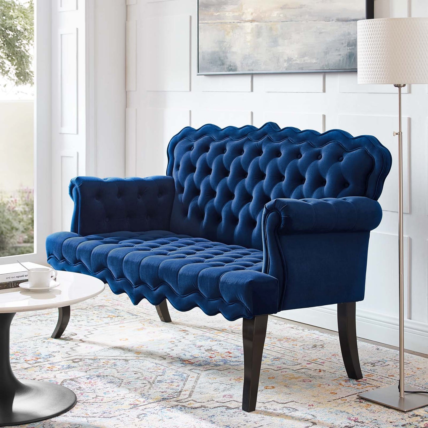 Viola Chesterfield Button Tufted Loveseat Performance Velvet Settee, Velvet Fabric, Navy Blue, 17317