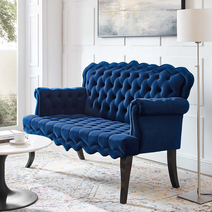 Viola Chesterfield Button Tufted Loveseat Performance Velvet Settee, Velvet Fabric, Navy Blue, 17317