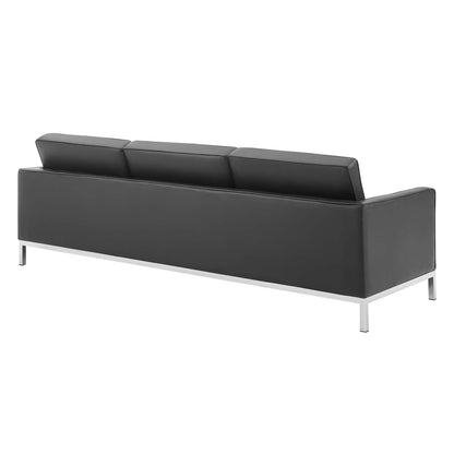 Loft Tufted Upholstered Faux Leather Sofa, Faux Vinyl Leather Metal Steel, Black Silver, 17998