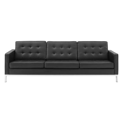 Loft Tufted Upholstered Faux Leather Sofa, Faux Vinyl Leather Metal Steel, Black Silver, 17998
