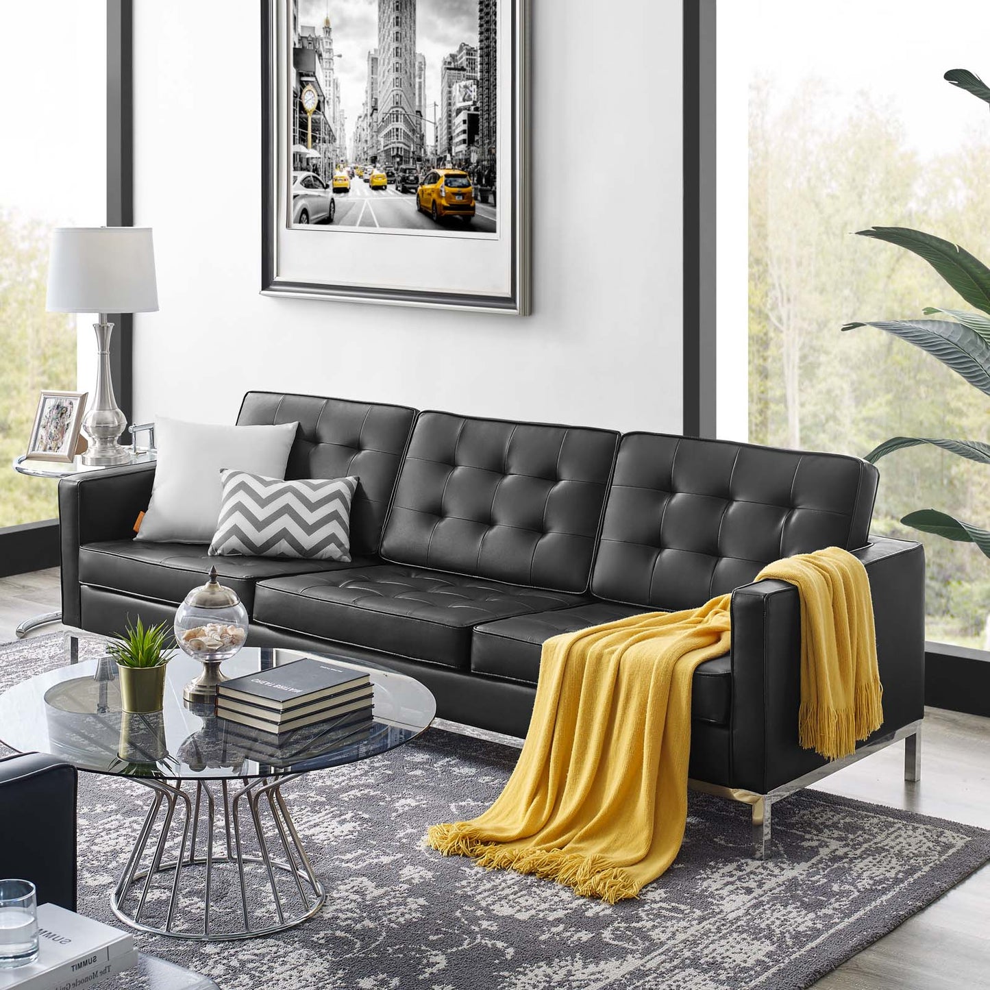 Loft Tufted Upholstered Faux Leather Sofa, Faux Vinyl Leather Metal Steel, Black Silver, 17998