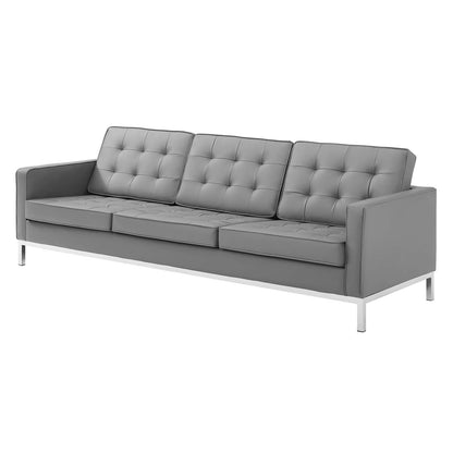 Loft Tufted Button Upholstered Faux Leather Sofa, Faux Vinyl Leather Metal Steel, Grey Gray Silver, 17319
