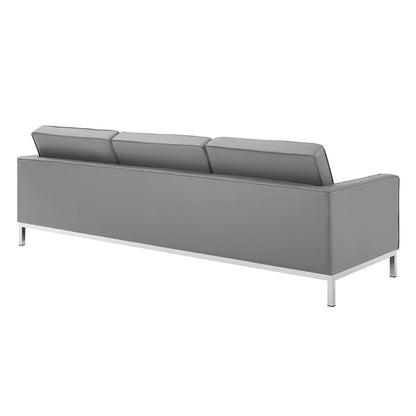 Loft Tufted Button Upholstered Faux Leather Sofa, Faux Vinyl Leather Metal Steel, Grey Gray Silver, 17319