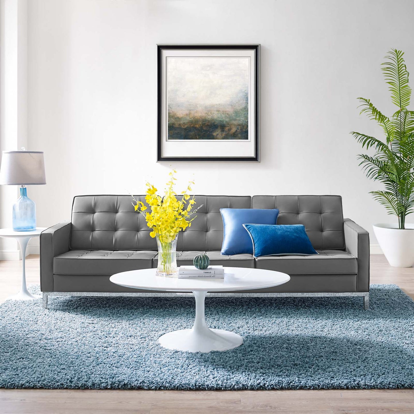 Loft Tufted Button Upholstered Faux Leather Sofa, Faux Vinyl Leather Metal Steel, Grey Gray Silver, 17319