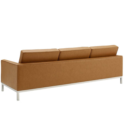 Loft Tufted Upholstered Faux Leather Sofa, Faux Vinyl Leather Metal Steel, Tan Brown, 17804