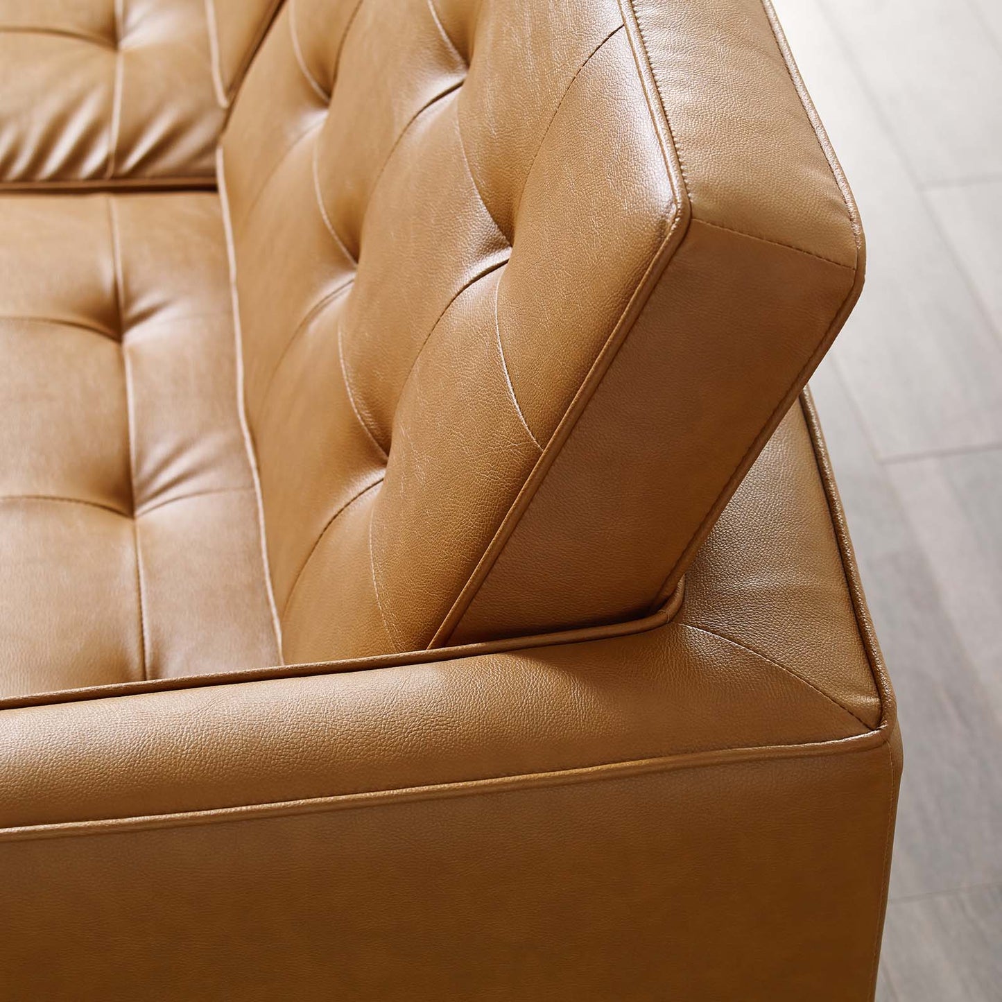 Loft Tufted Upholstered Faux Leather Sofa, Faux Vinyl Leather Metal Steel, Tan Brown, 17804