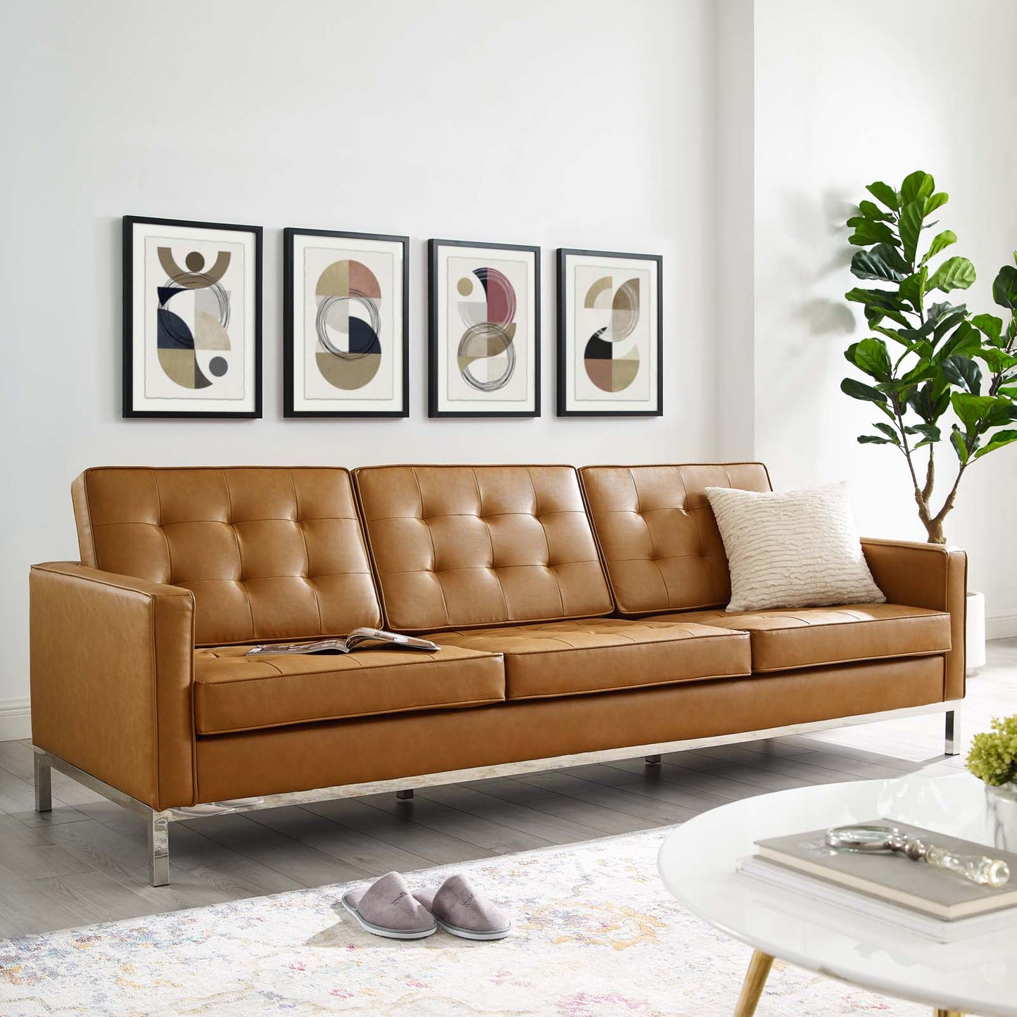 Loft Tufted Upholstered Faux Leather Sofa, Faux Vinyl Leather Metal Steel, Tan Brown, 17804