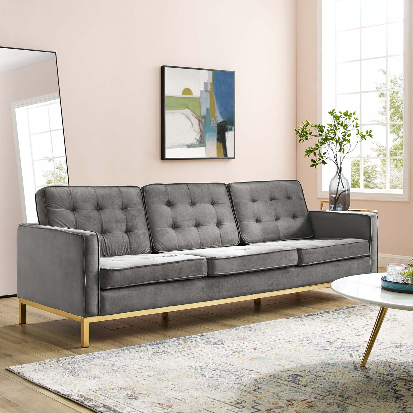 Loft Gold Stainless Steel Leg Performance Velvet Sofa, Velvet Fabric Metal Steel, Gold Grey Gray, 17322