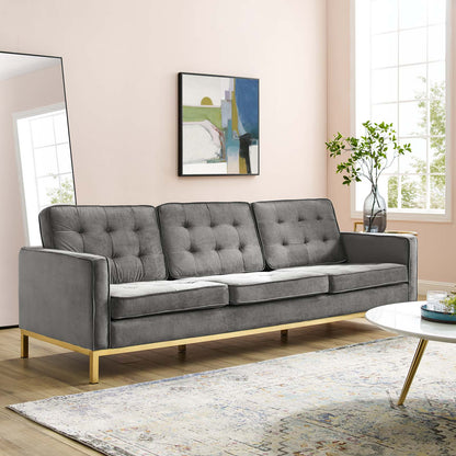 Loft Gold Stainless Steel Leg Performance Velvet Sofa, Velvet Fabric Metal Steel, Gold Grey Gray, 17322