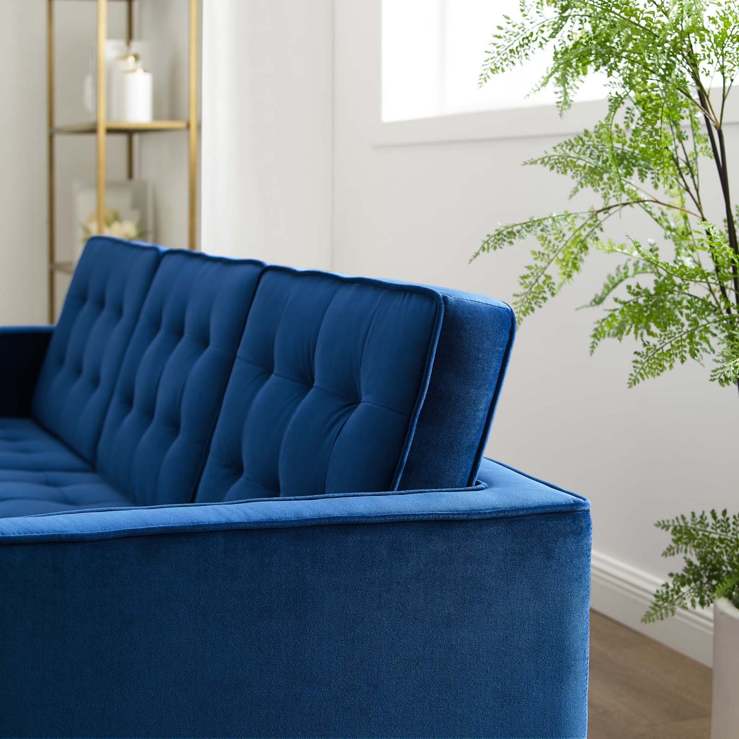 Loft Gold Stainless Steel Leg Performance Velvet Sofa, Velvet Fabric Metal Steel, Gold Blue Navy, 17323