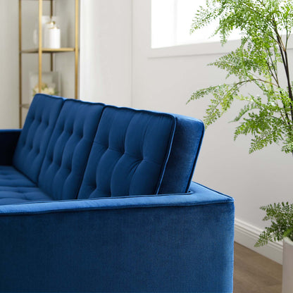 Loft Gold Stainless Steel Leg Performance Velvet Sofa, Velvet Fabric Metal Steel, Gold Blue Navy, 17323
