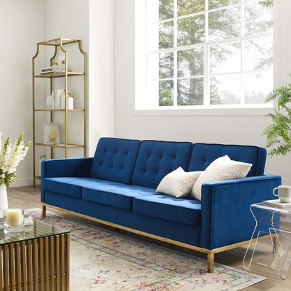 Loft Gold Stainless Steel Leg Performance Velvet Sofa, Velvet Fabric Metal Steel, Gold Blue Navy, 17323