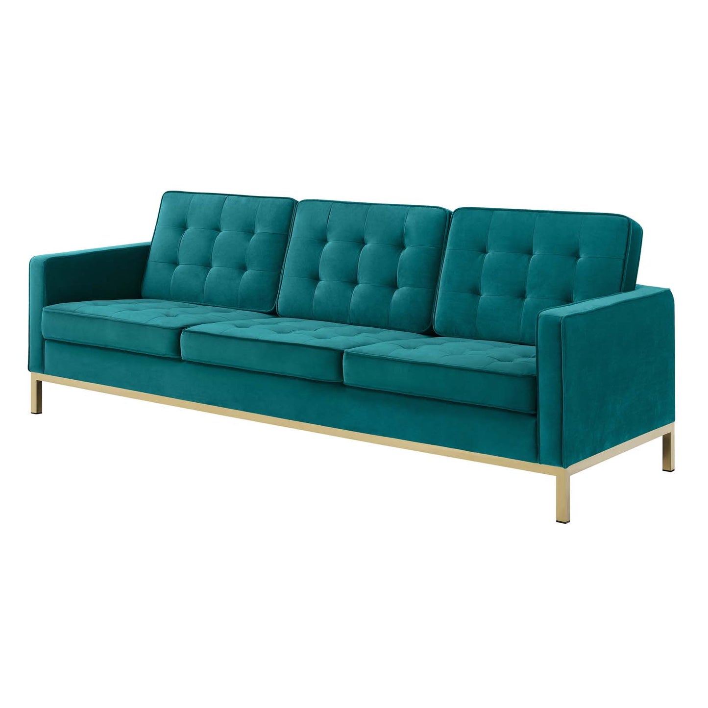 Loft Gold Stainless Steel Leg Performance Velvet Sofa, Velvet Fabric Metal Steel, Gold Aqua Blue, 17324