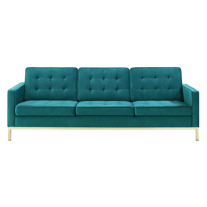 Loft Gold Stainless Steel Leg Performance Velvet Sofa, Velvet Fabric Metal Steel, Gold Aqua Blue, 17324