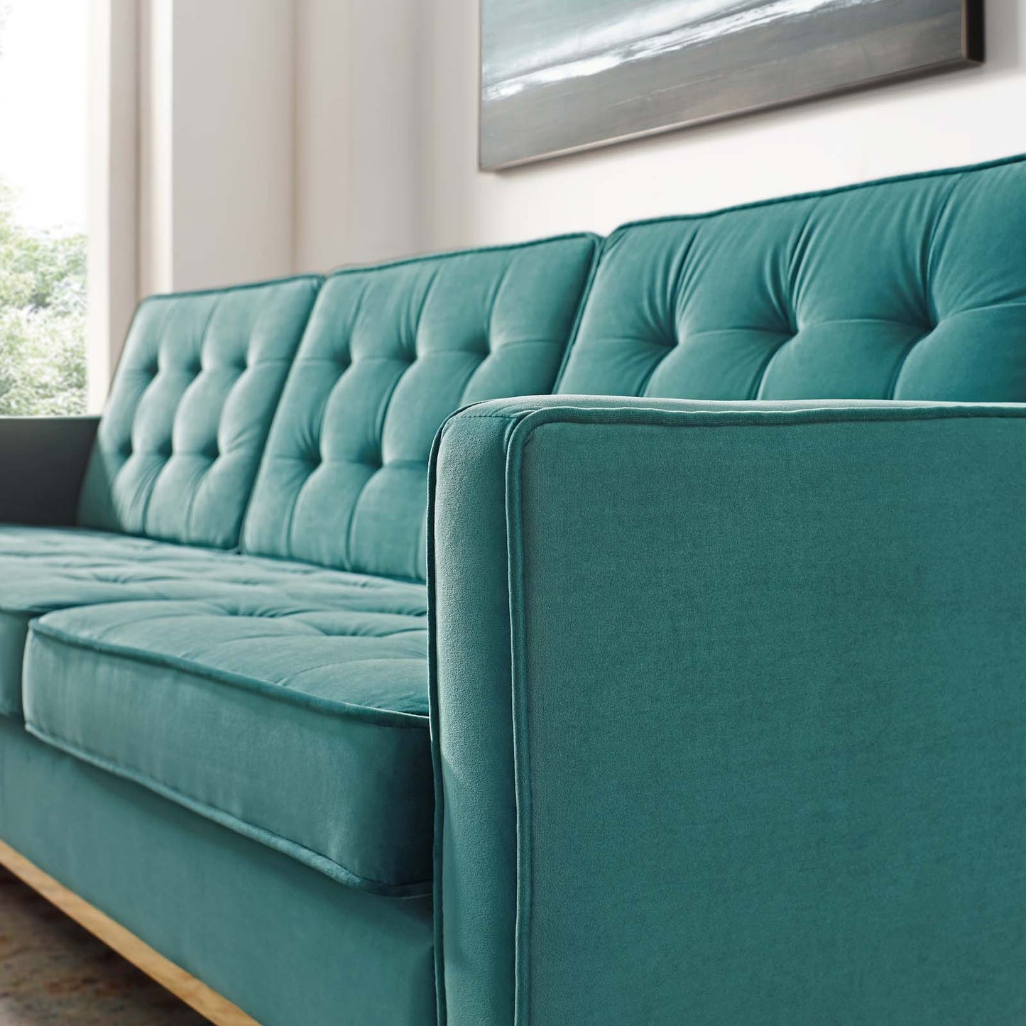 Loft Gold Stainless Steel Leg Performance Velvet Sofa, Velvet Fabric Metal Steel, Gold Aqua Blue, 17324