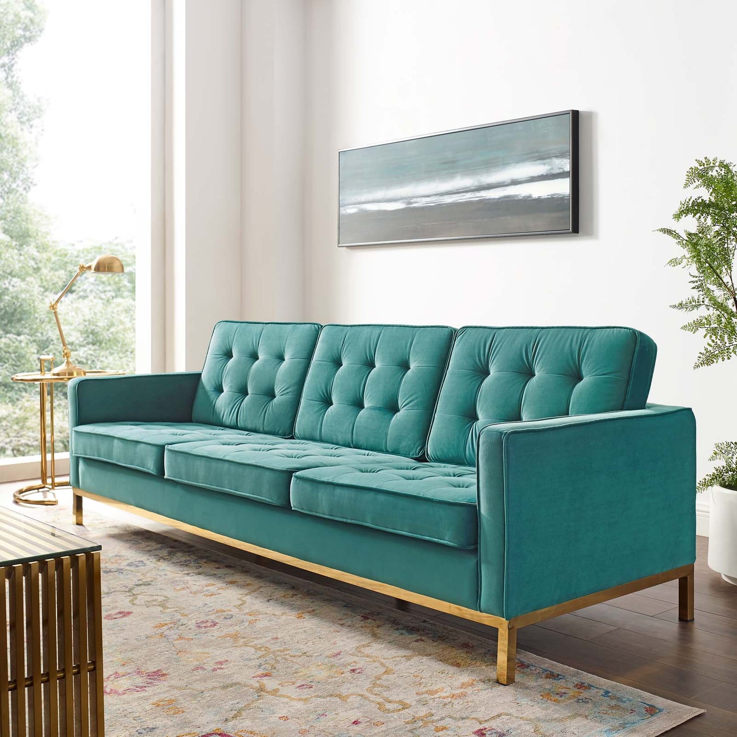 Loft Gold Stainless Steel Leg Performance Velvet Sofa, Velvet Fabric Metal Steel, Gold Aqua Blue, 17324