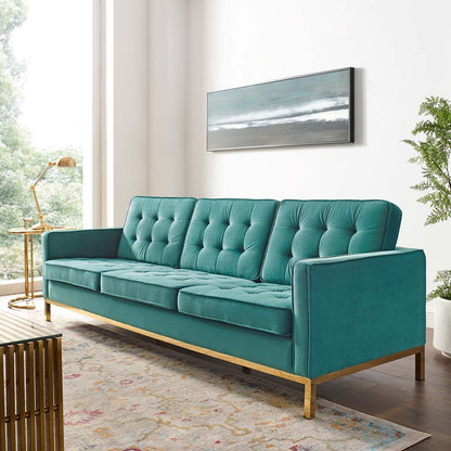 Loft Gold Stainless Steel Leg Performance Velvet Sofa, Velvet Fabric Metal Steel, Gold Aqua Blue, 17324