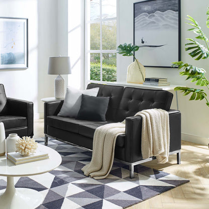 Loft Tufted Upholstered Faux Leather Loveseat, Faux Vinyl Leather, Black Silver, 17805