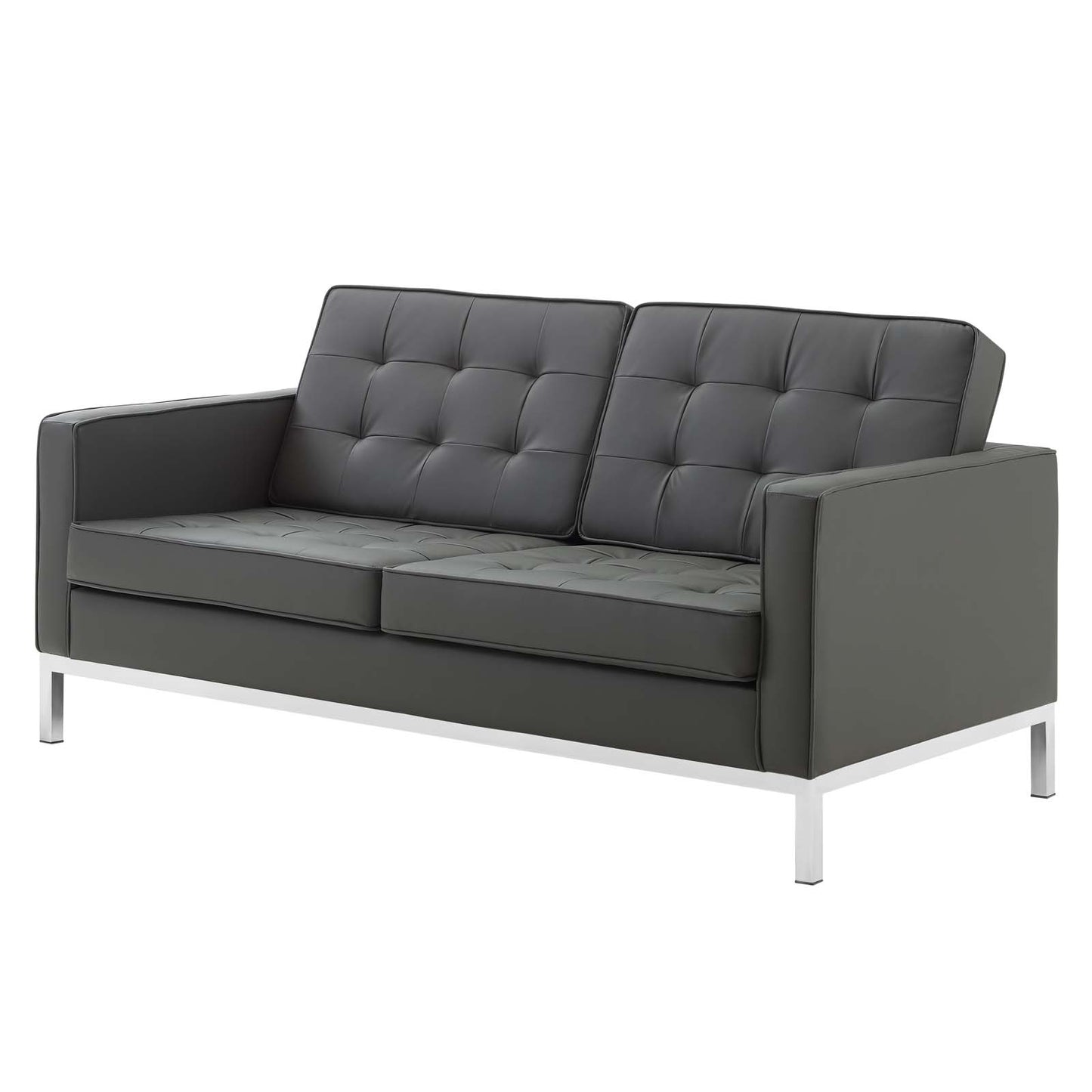 Loft Tufted Button Upholstered Faux Leather Loveseat, Faux Vinyl Leather, Grey Gray Silver, 17325