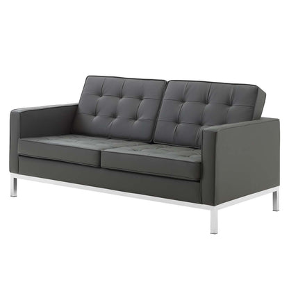 Loft Tufted Button Upholstered Faux Leather Loveseat, Faux Vinyl Leather, Grey Gray Silver, 17325