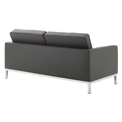Loft Tufted Button Upholstered Faux Leather Loveseat, Faux Vinyl Leather, Grey Gray Silver, 17325