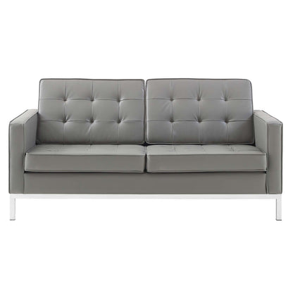 Loft Tufted Button Upholstered Faux Leather Loveseat, Faux Vinyl Leather, Grey Gray Silver, 17325