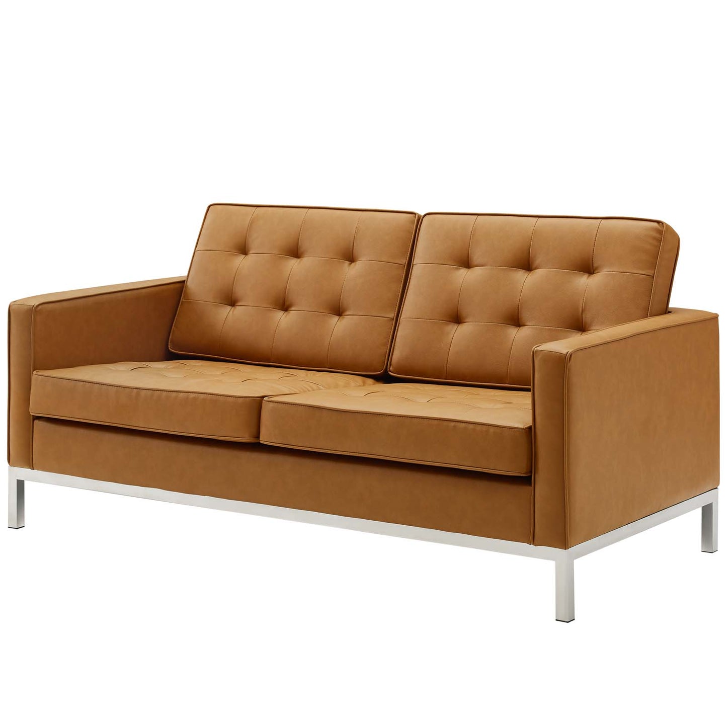 Loft Tufted Upholstered Faux Leather Loveseat, Faux Vinyl Leather, Tan Brown, 17806