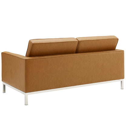Loft Tufted Upholstered Faux Leather Loveseat, Faux Vinyl Leather, Tan Brown, 17806