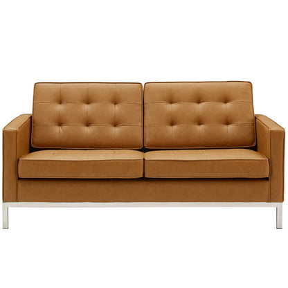 Loft Tufted Upholstered Faux Leather Loveseat, Faux Vinyl Leather, Tan Brown, 17806