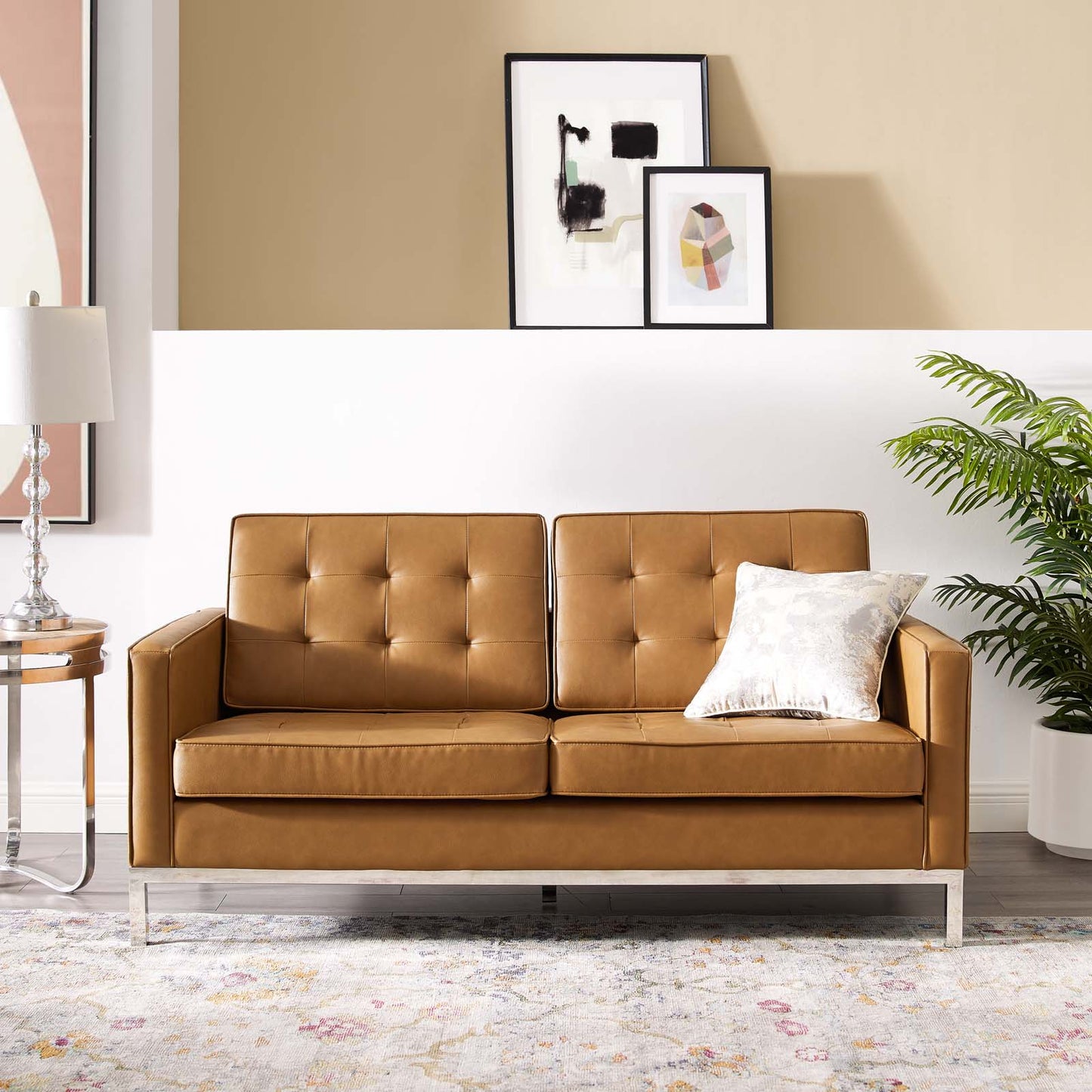 Loft Tufted Upholstered Faux Leather Loveseat, Faux Vinyl Leather, Tan Brown, 17806
