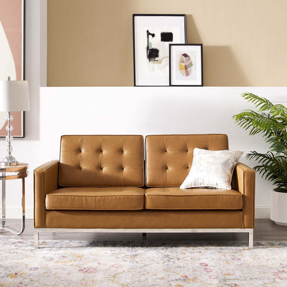 Loft Tufted Upholstered Faux Leather Loveseat, Faux Vinyl Leather, Tan Brown, 17806