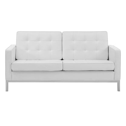 Loft Tufted Button Upholstered Faux Leather Loveseat, Faux Vinyl Leather, White, 17327