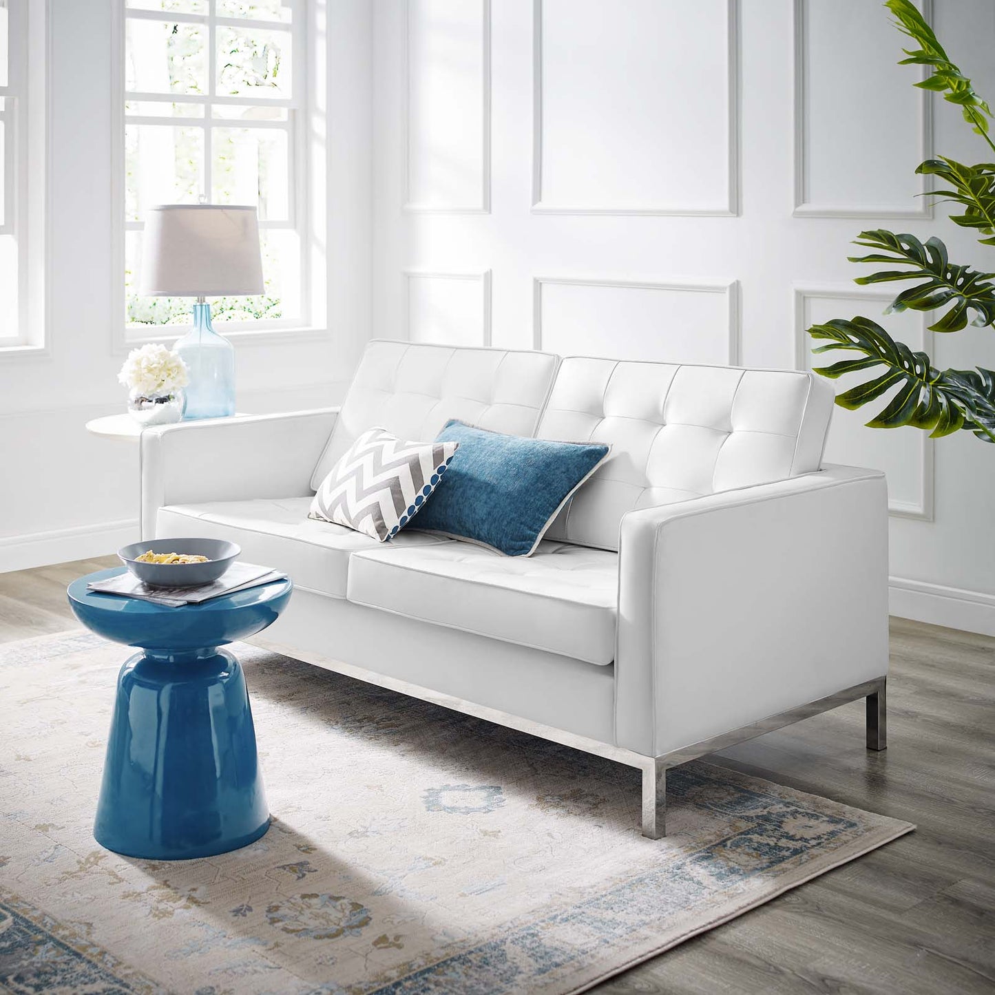 Loft Tufted Button Upholstered Faux Leather Loveseat, Faux Vinyl Leather, White, 17327