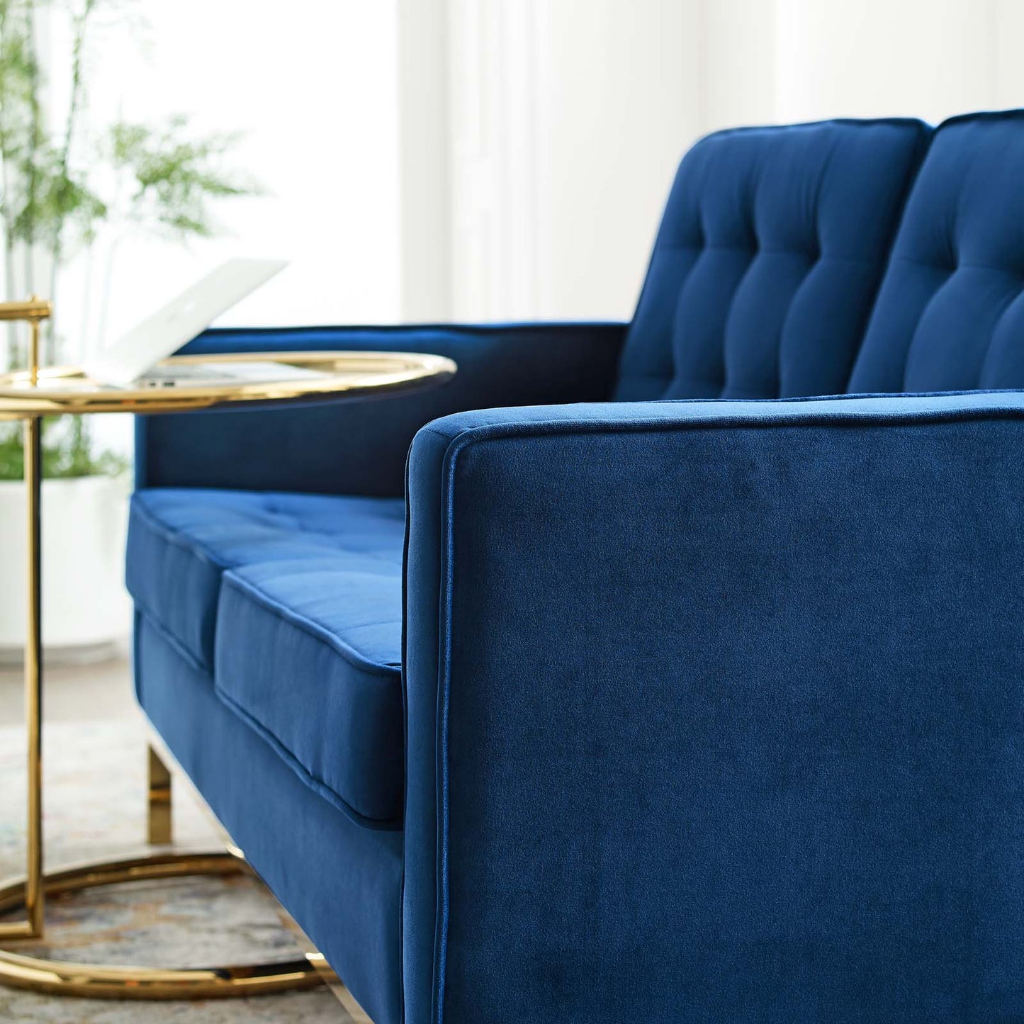 Loft Gold Stainless Steel Leg Performance Velvet Loveseat, Velvet Fabric, Gold Blue Navy, 17329