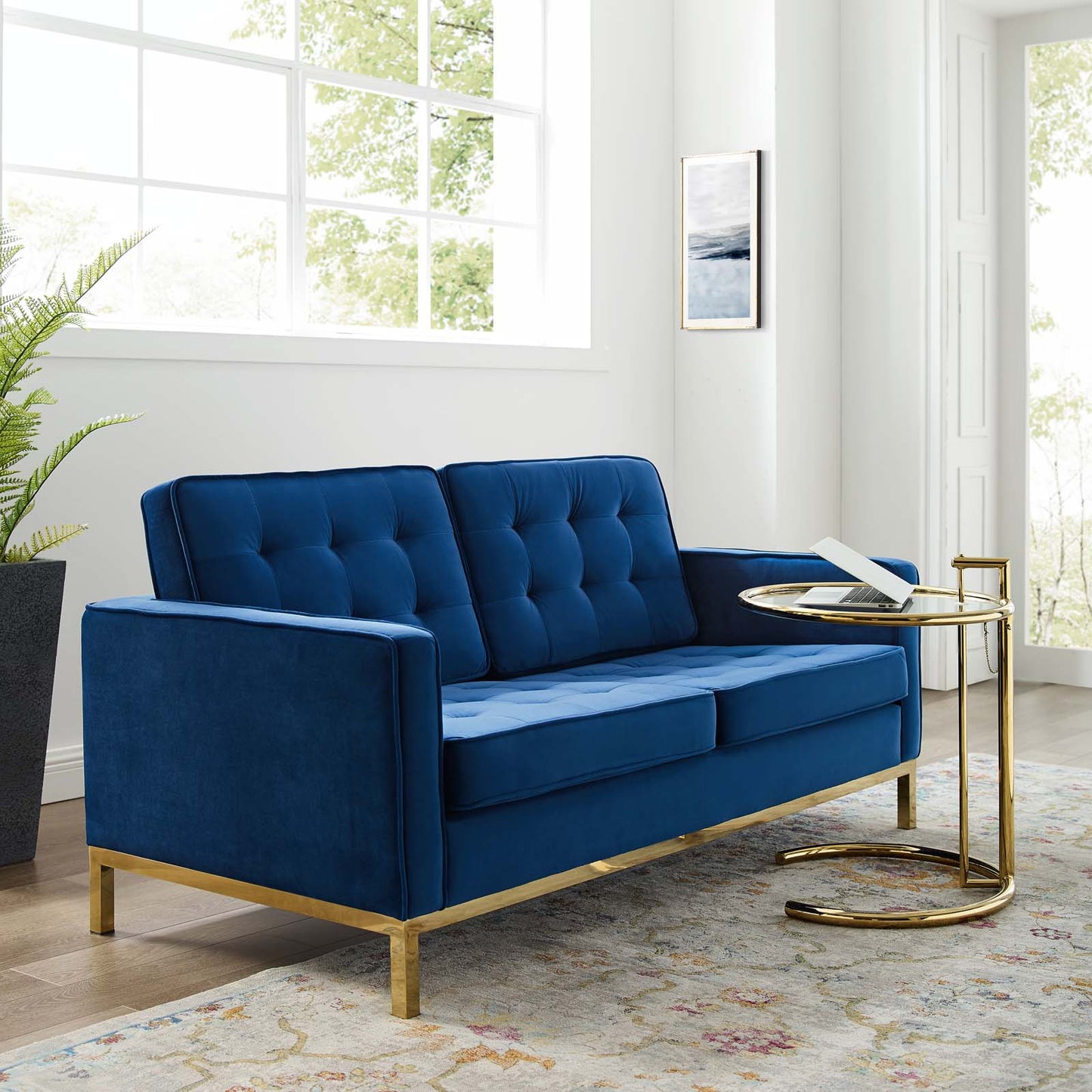 Loft Gold Stainless Steel Leg Performance Velvet Loveseat, Velvet Fabric, Gold Blue Navy, 17329