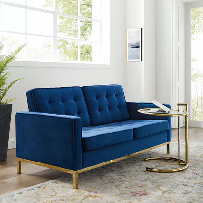 Loft Gold Stainless Steel Leg Performance Velvet Loveseat, Velvet Fabric, Gold Blue Navy, 17329