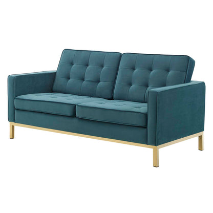 Loft Gold Stainless Steel Leg Performance Velvet Loveseat, Velvet Fabric, Gold Aqua Blue, 17330