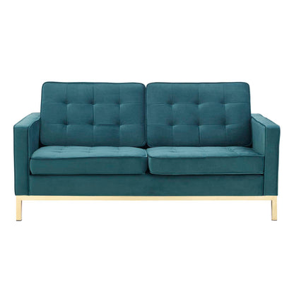 Loft Gold Stainless Steel Leg Performance Velvet Loveseat, Velvet Fabric, Gold Aqua Blue, 17330