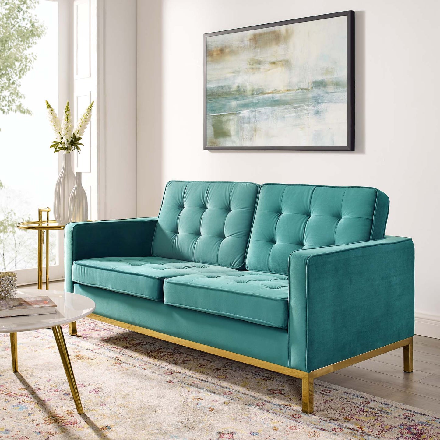 Loft Gold Stainless Steel Leg Performance Velvet Loveseat, Velvet Fabric, Gold Aqua Blue, 17330