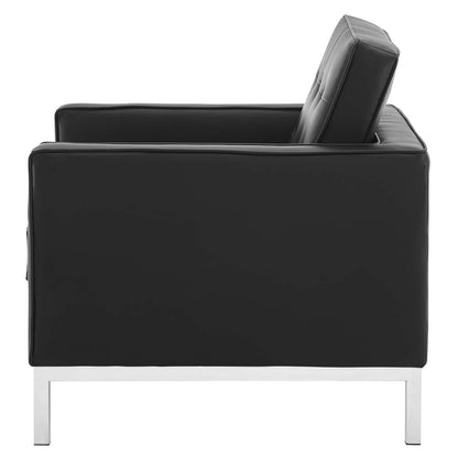 Loft Tufted Button Upholstered Faux Leather Armchair, Faux Vinyl Leather, Black Silver, 17331