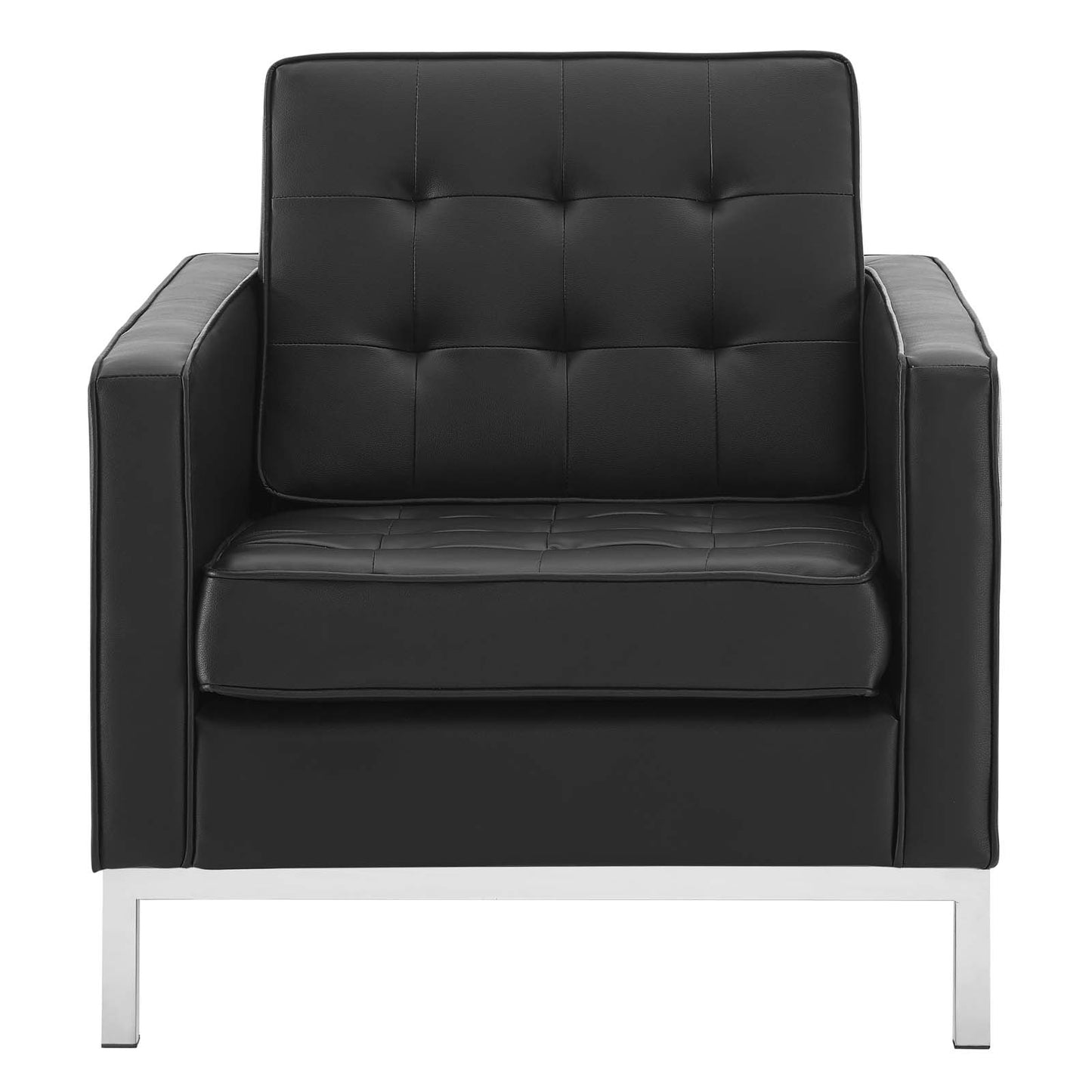 Loft Tufted Button Upholstered Faux Leather Armchair, Faux Vinyl Leather, Black Silver, 17331