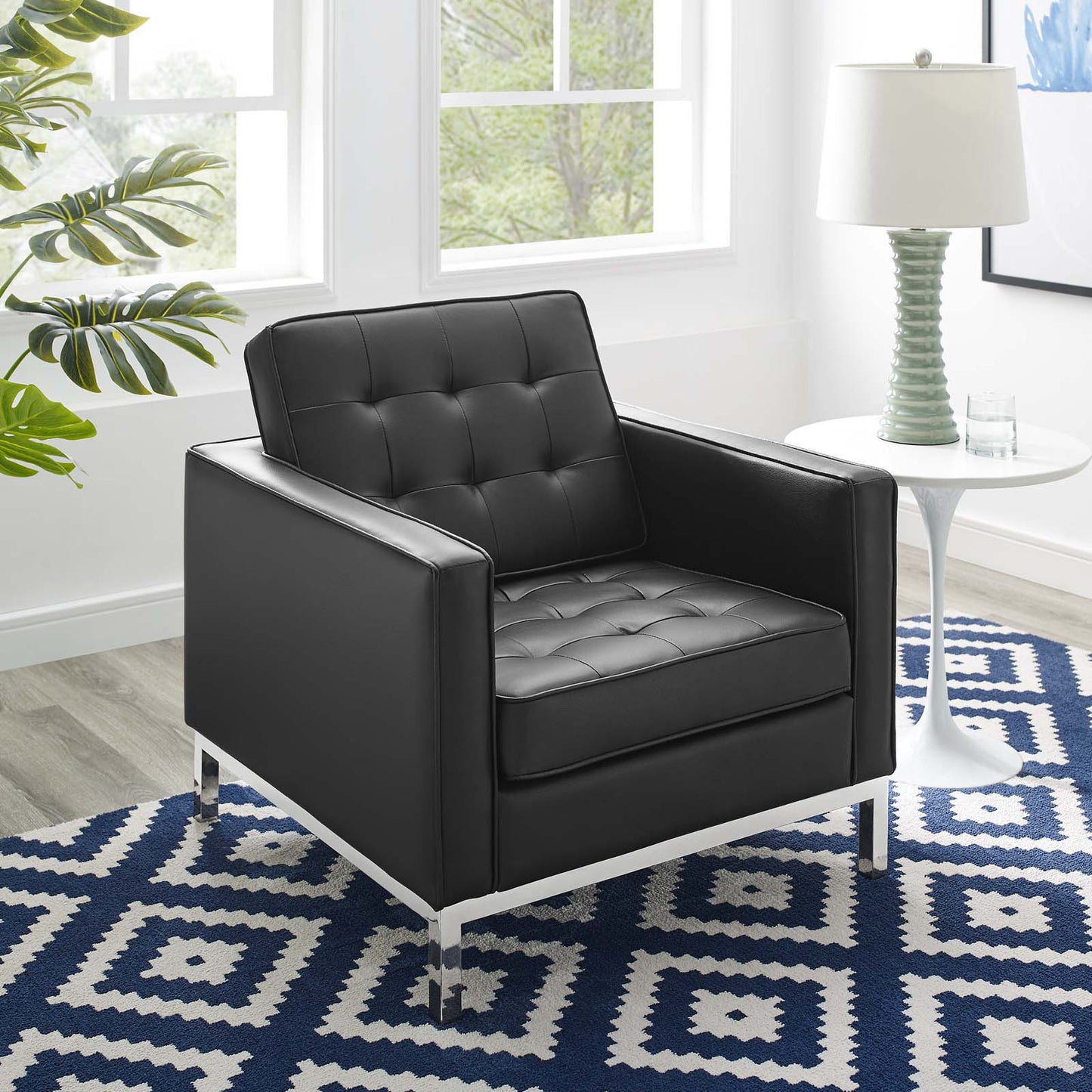 Loft Tufted Button Upholstered Faux Leather Armchair, Faux Vinyl Leather, Black Silver, 17331