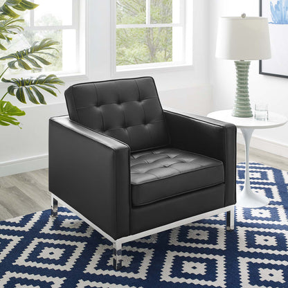 Loft Tufted Button Upholstered Faux Leather Armchair, Faux Vinyl Leather, Black Silver, 17331