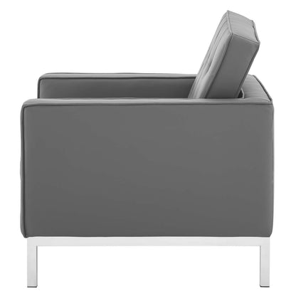 Loft Tufted Button Upholstered Faux Leather Armchair, Faux Vinyl Leather, Grey Gray Silver, 17332